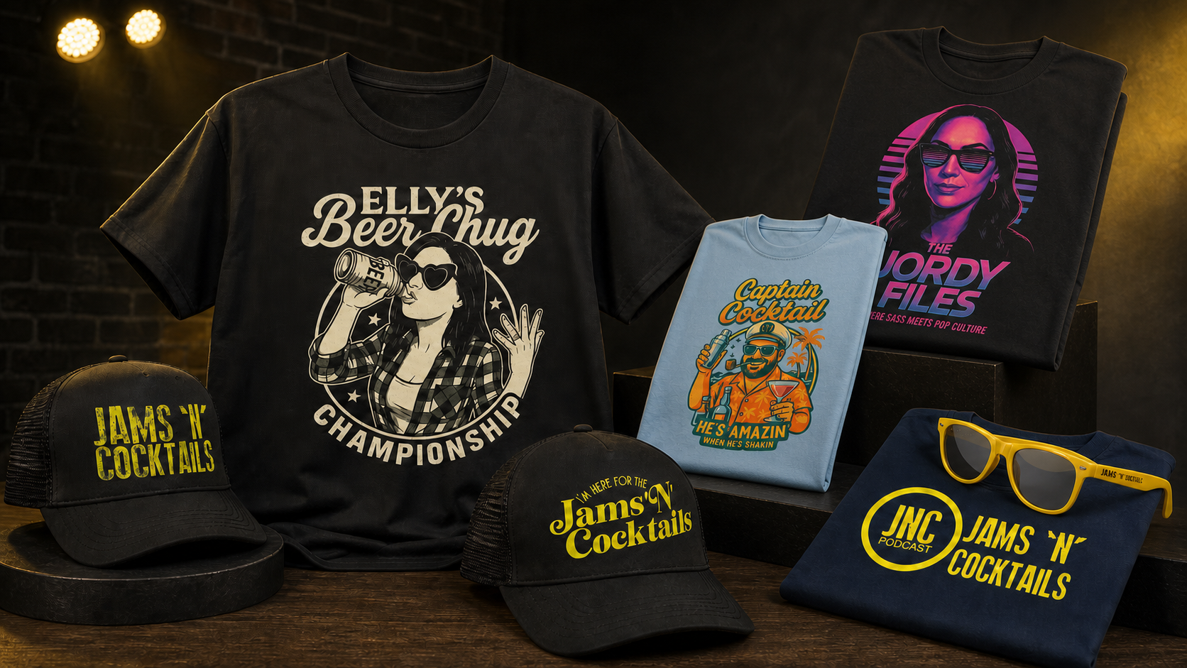 Jams 'N' Cocktails shirts, hats, sunglasses, and official merchandise